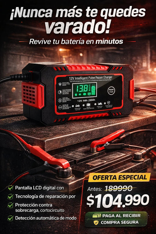 Cargador de Batería Inteligente 12V con Reparación de Pulso y Pantalla LCD