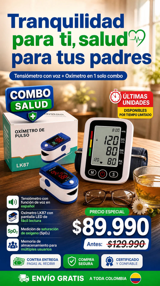 Combo Salud: Tensiómetro de Brazo Digital con Voz y Oxímetro de Pulso LK87