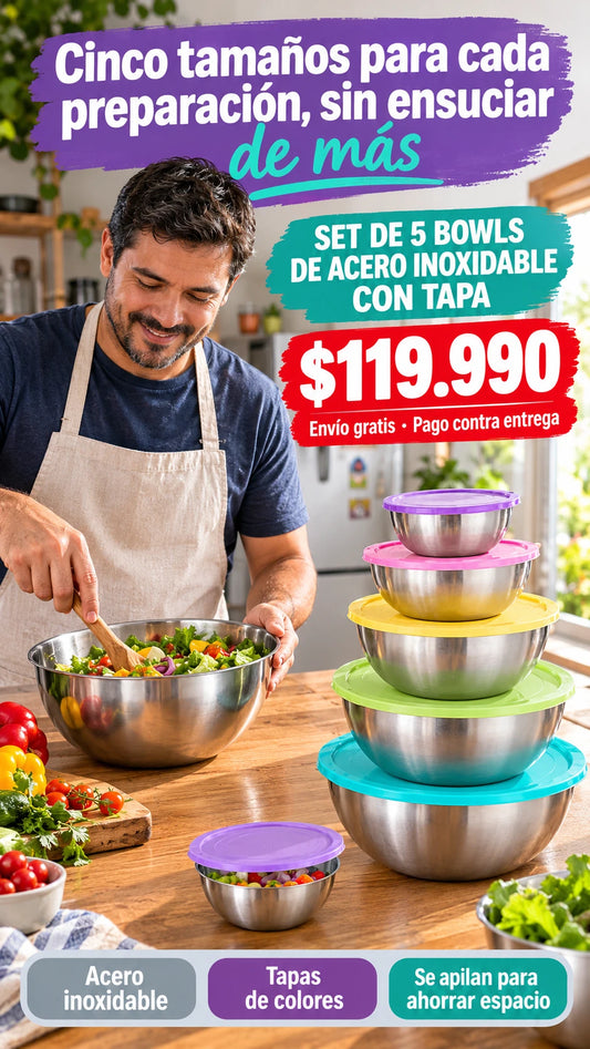 SET DE 5 BOWLS DE ACERO INOXIDABLE CON TAPA