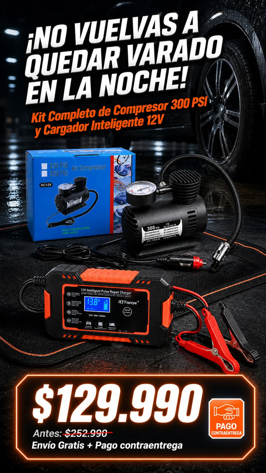 Kit de Emergencia Automotriz: Compresor de Aire 300 PSI y Cargador de Batería Inteligente 12V